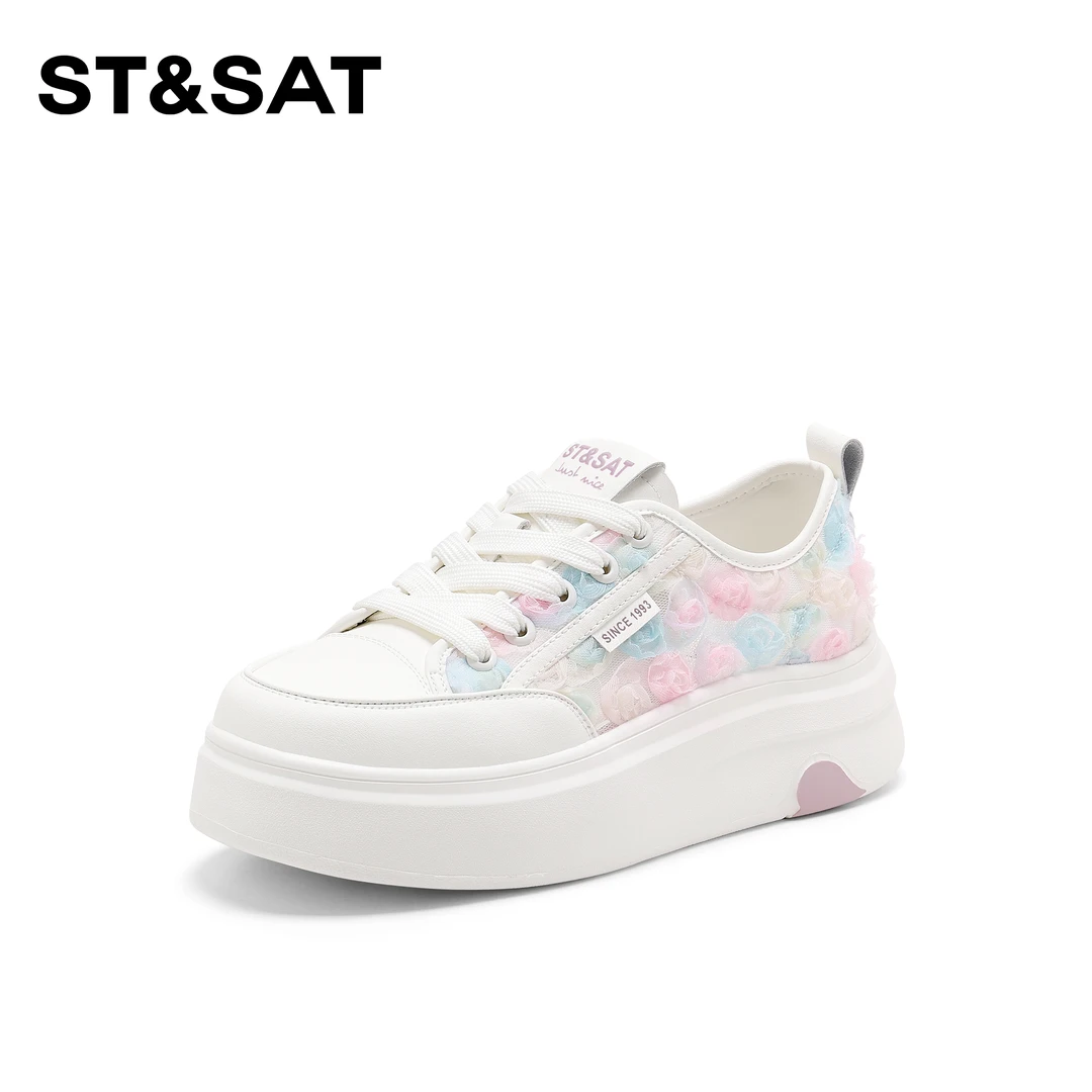 St&Sat/星期六时尚百搭透气休闲鞋2025新款厚底增高小白鞋女系带
