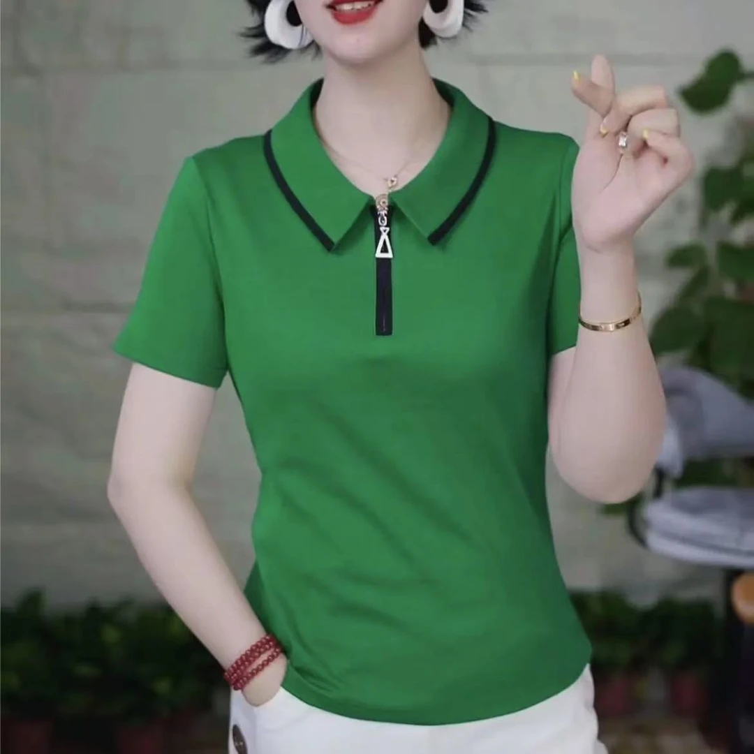 2025夏季新款女士翻领短袖正肩T恤宽松时尚百搭洋气修身显瘦上衣