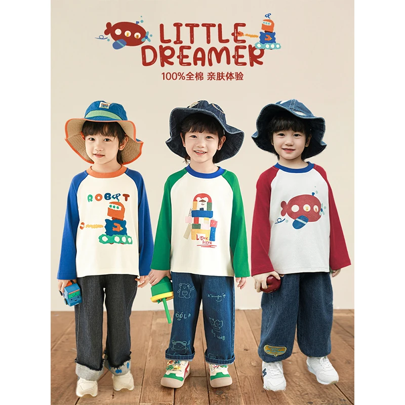 YOEHYAUL/幼悠春二波 云感棉原创卡通印花斑斓撞色插肩T恤 N5805