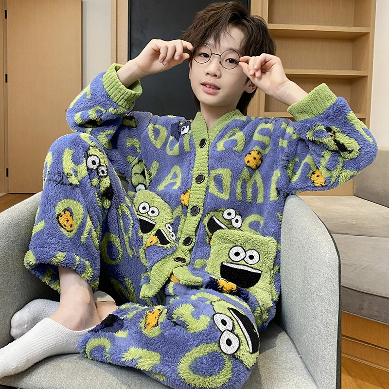 儿童睡衣珊瑚绒法兰秋冬季加绒加厚款男童男孩家居服2025新款冬天