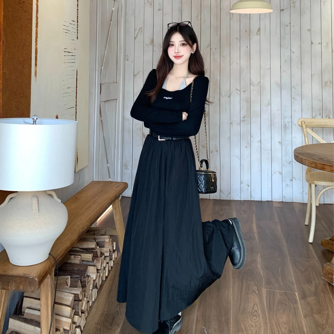 大码女装胖mm显瘦假两件U领撞色挂脖简约腰带黑色长袖连衣裙9981#