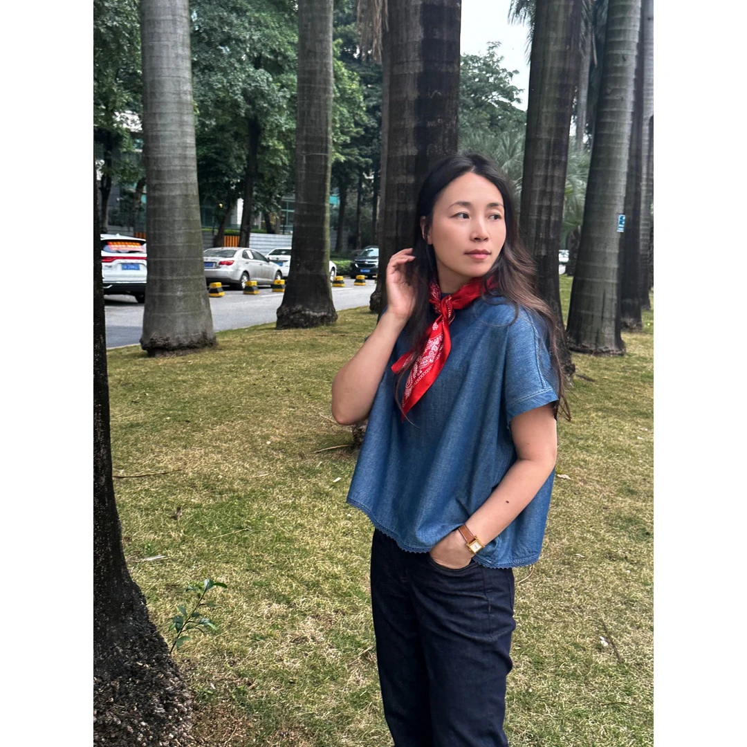 新款时尚牛仔靛蓝钩针花边M型衬衫MA5SYDZ0326