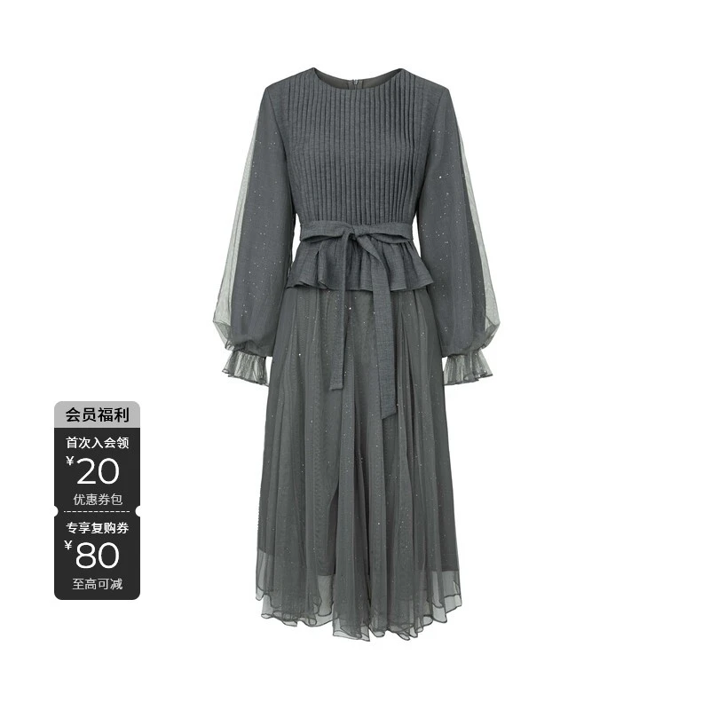 S·DEER圣迪奥女装小众气质复古琴褶收腰网纱灰色连衣裙S241Z1211