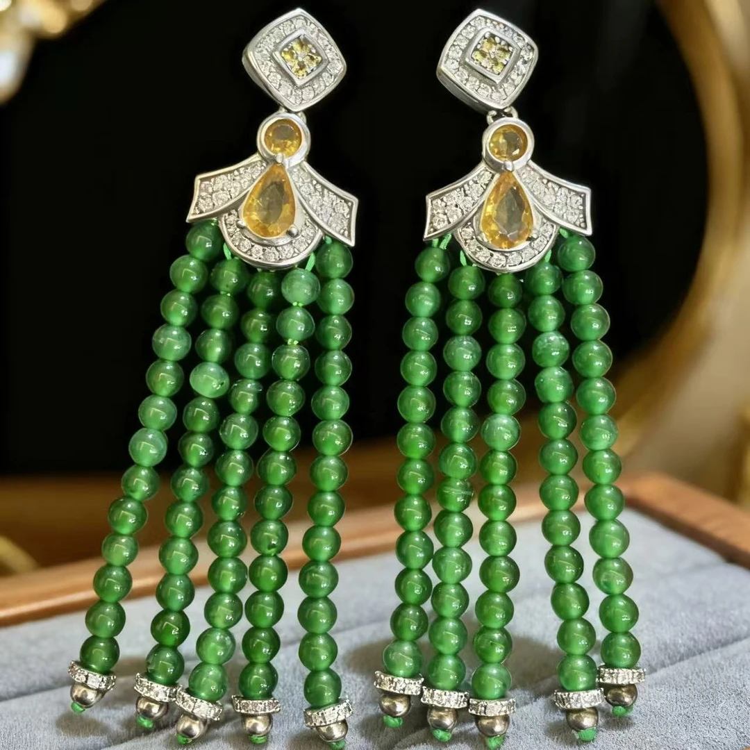 天然缅甸翡翠A货　s925银镶嵌小米珠流苏耳饰