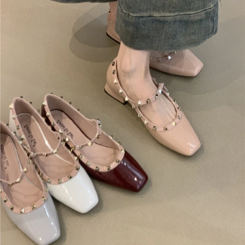 配裙子仙女风玛丽珍鞋2025新款法式小香风气质铆钉方头粗跟晚晚鞋