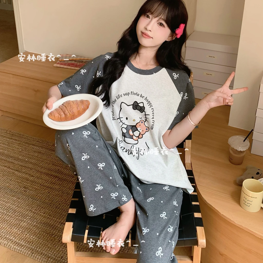 睡衣新款夏季柔软短袖长裤短裤精梳棉质轻薄夏天女士大码家居套装