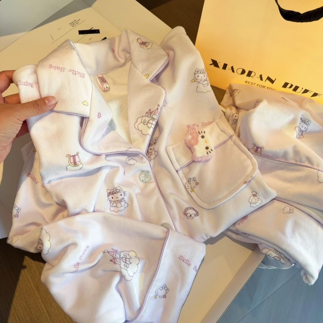 甜美可爱乖巧Kitty猫海岛绒睡衣女2025秋冬季软糯舒适家居服套装