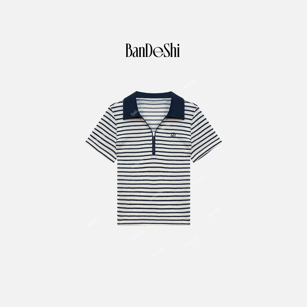 【C2929】#班德施-夏季新款时尚气质翻领短袖刺绣字母百搭T恤上衣SS