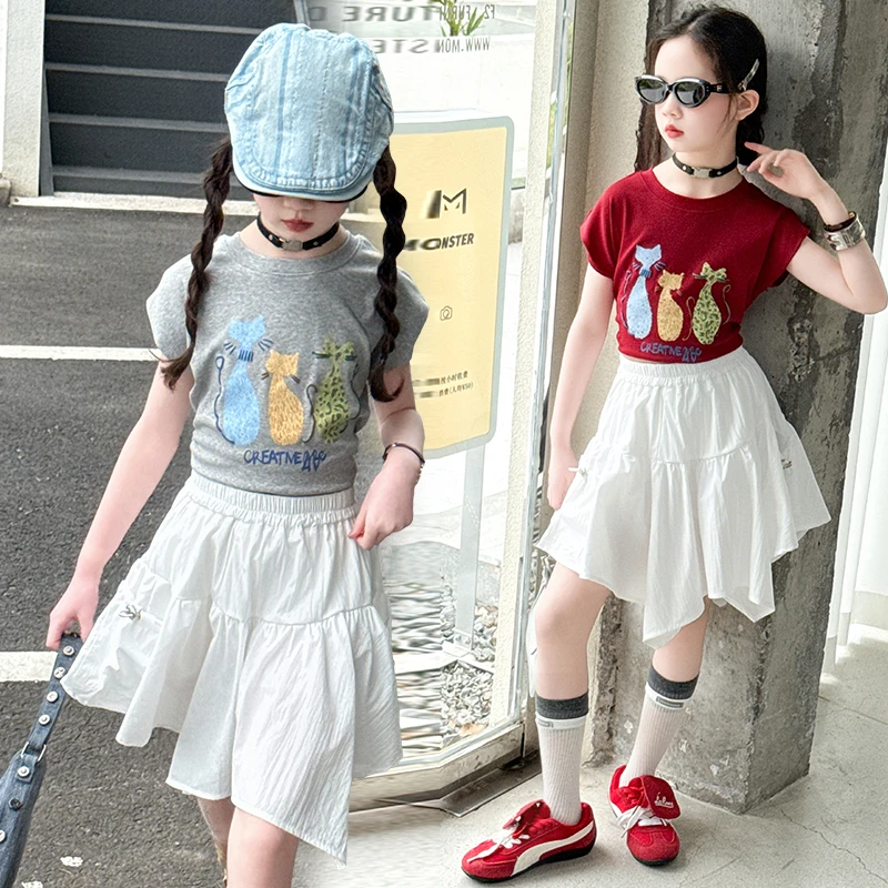 女童套装夏季2025新款中大儿童洋气短袖t恤韩系不规则短裙两件套