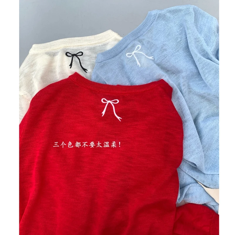 蝴蝶结刺绣红色短款针织开衫女夏季薄款外搭冰丝防晒外套披肩上衣