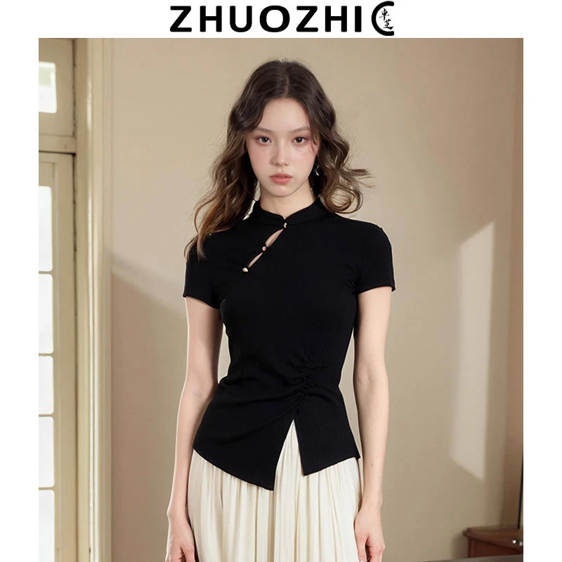 卓芝新中式国风改良盘扣镂空立领T恤2025夏季新款收腰显瘦上衣女