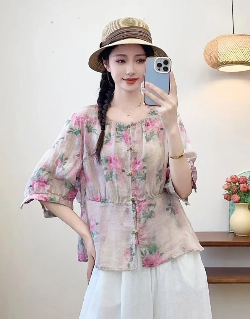 苎麻印花洋气短袖小衫花衫碎花减龄复古显瘦好看