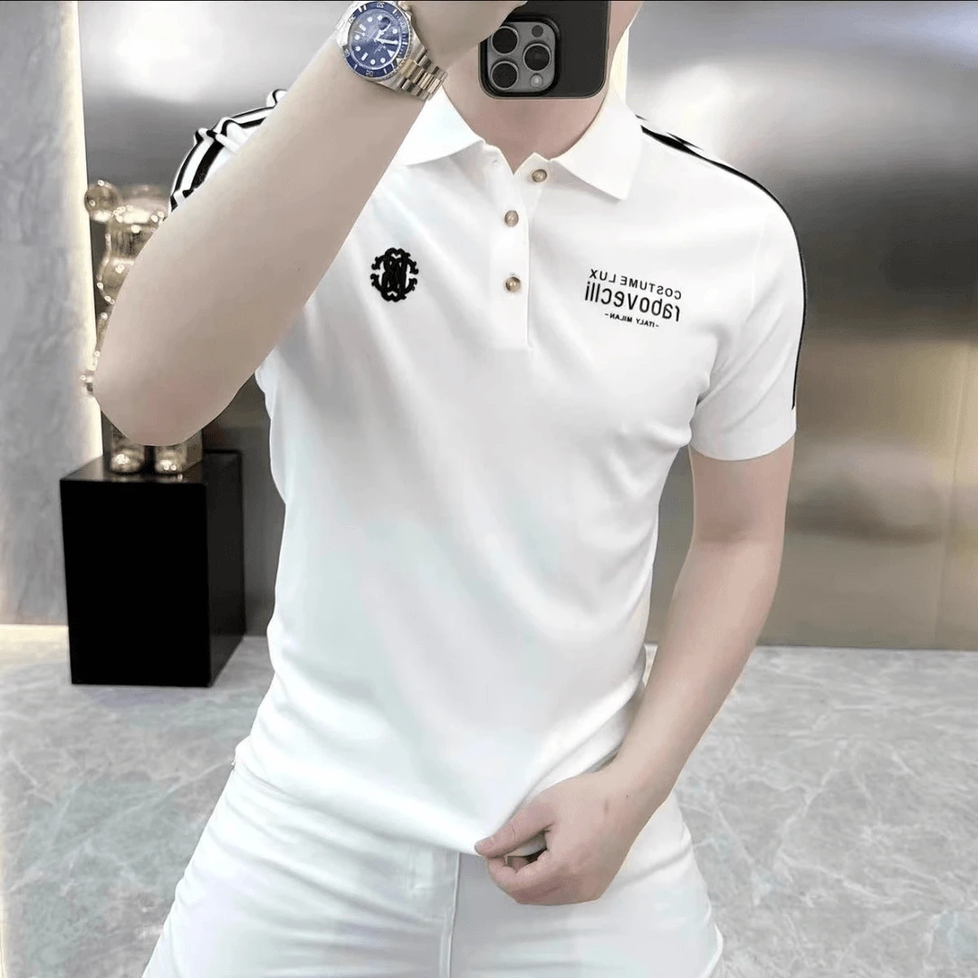 欧货轻奢高级感男装针织冰丝POLO衫短袖T恤时尚百搭翻领半袖上衣