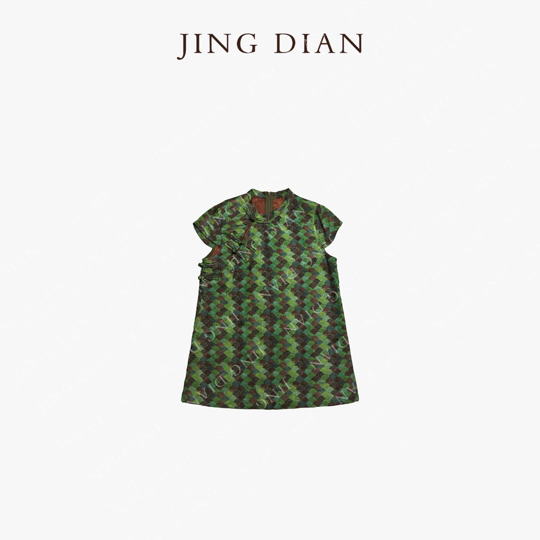 JING DIAN 定制款绿色方格人丝中式盘扣国风连衣裙