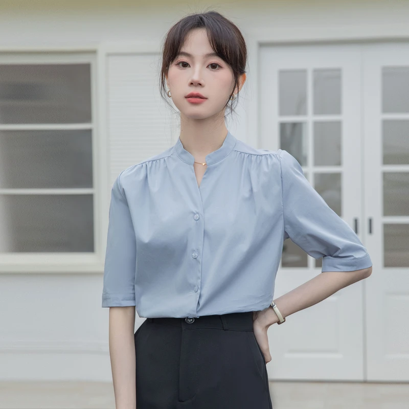 蓝色立领短袖衬衫女夏季棉质V领职业衬衣通勤教资面试穿搭上衣
