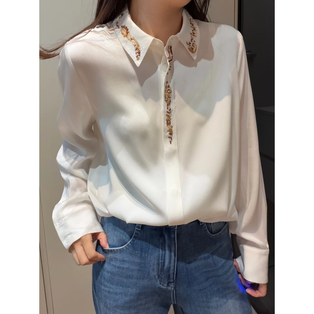 【珠片翻领】CHUN家时尚百搭宽松桑蚕丝双乔上衣