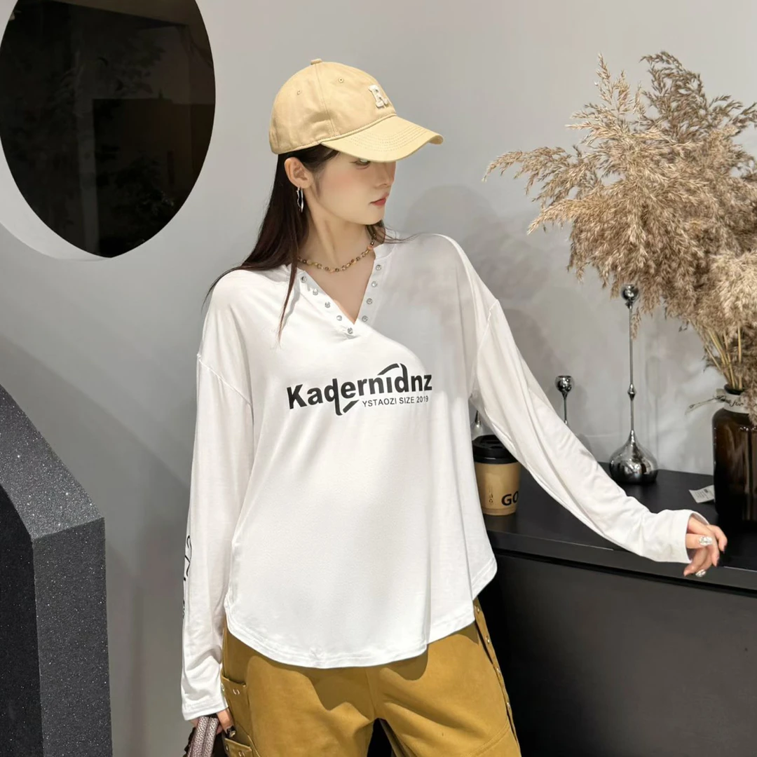 H051莫代尔印花V领长袖T恤打底街舞爵士广场曳步舞宽松套装上衣