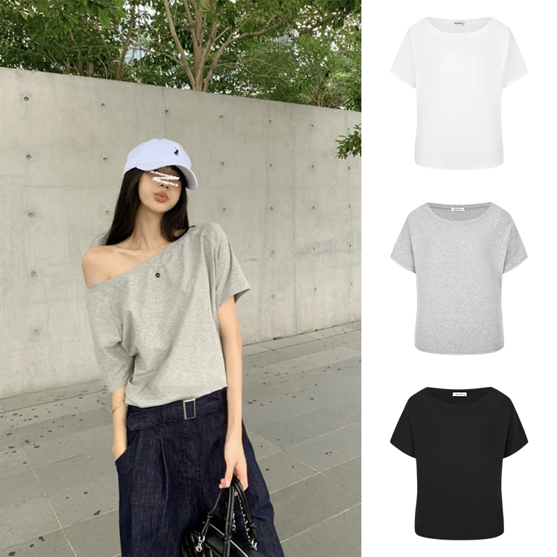 Moses Queen/魔西女王韩版高级灰设计感斜肩宽松百搭短袖上衣