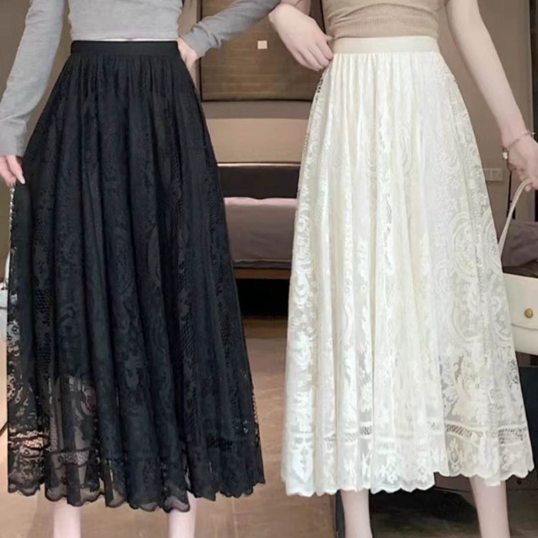 A7999蕾丝半身裙女新款高腰纱裙显瘦大摆裙A字长裙时髦洋气