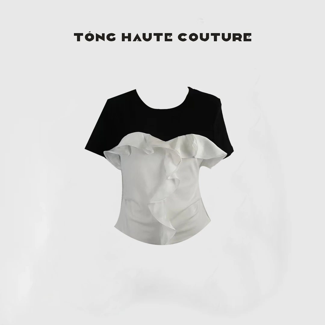 【墨玉霞光】25年春夏轻奢小众设计师轻熟风撞色拼接T恤 YY217