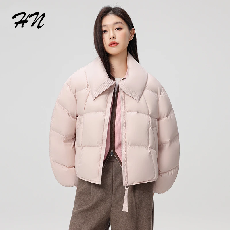 HN【荷叶领】短款女士潮流缎面百搭简约保暖冬季时尚羽绒服35160