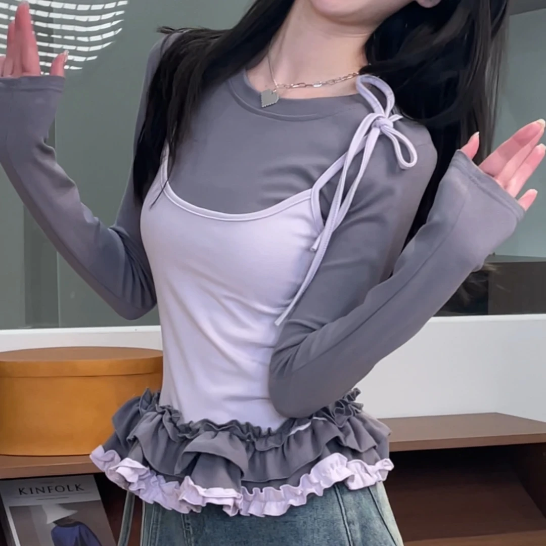 早春上新吊带拼色假两件甜美风花边裙摆T恤显瘦设计感上衣DM6502