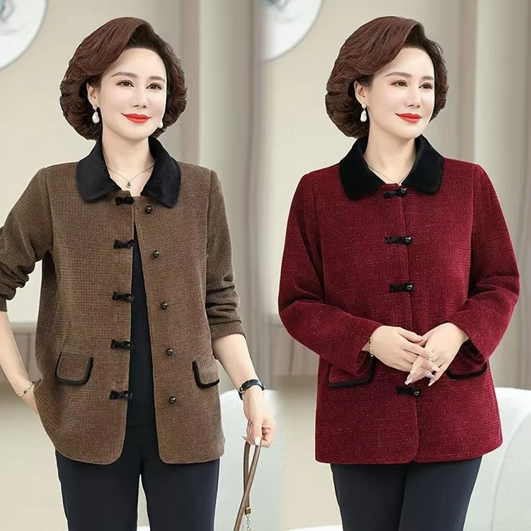 妈妈春装中式国风盘扣外套中老年人女装春秋时尚气质休闲翻领上衣