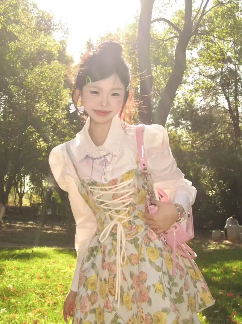 玫瑰花油画芭蕾风假两件连衣裙春季新款绑带收腰显瘦公主裙