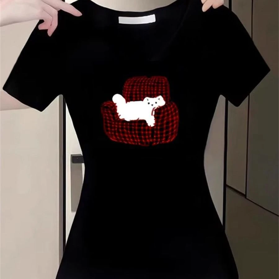 【AORSKK】新款V领正肩短袖t恤女黑色夏季通勤欧美风收腰显瘦百搭