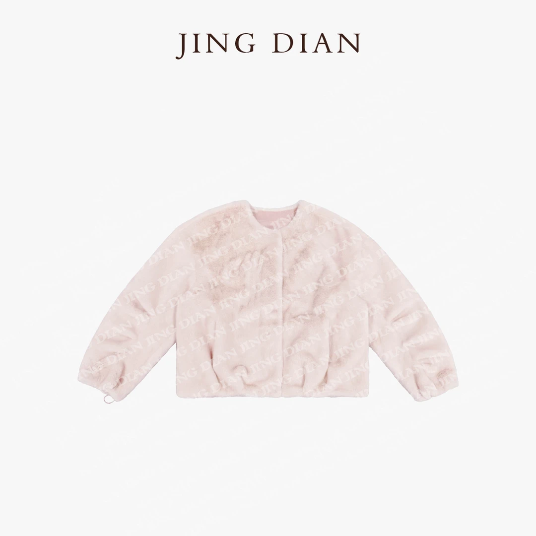 【JING DIAN】定制款粉色袖子抽皱圆领毛毛外套