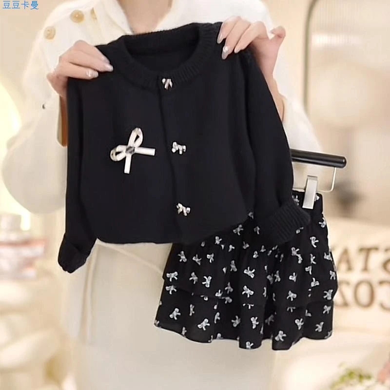 女童春秋款套装2025开衫针织衫蝴蝶结半身短裙学院风蛋糕裙两件套