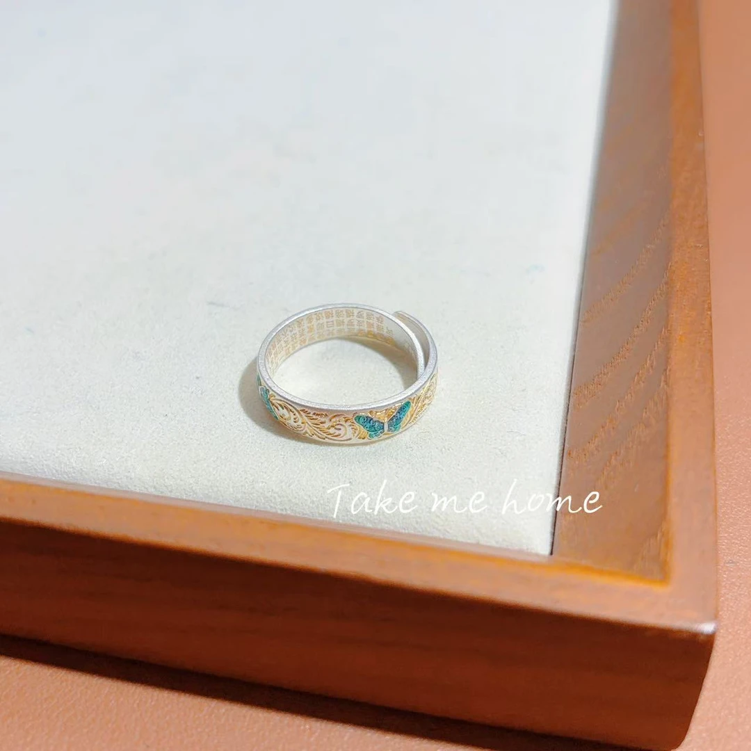 足银戒指 彩绘蓝蝴蝶心经足银戒指