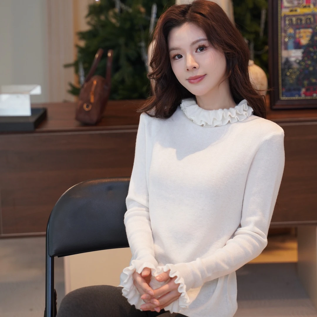 Glele私服「花朵羊毛衫」双层木耳花边领气质女人羊毛小衫