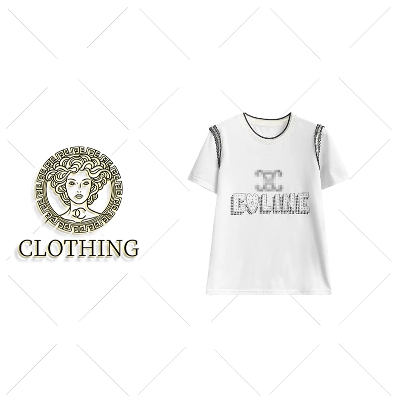 【CLOTHING/原创设计】68069#蕾丝拼接烫钻T恤2025百搭个性潮流上衣