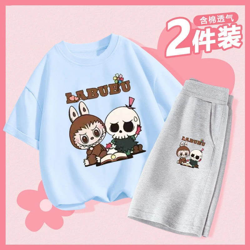 labubu儿童衣服短袖套装2025夏季新款中大童卡通印花拉布布T恤