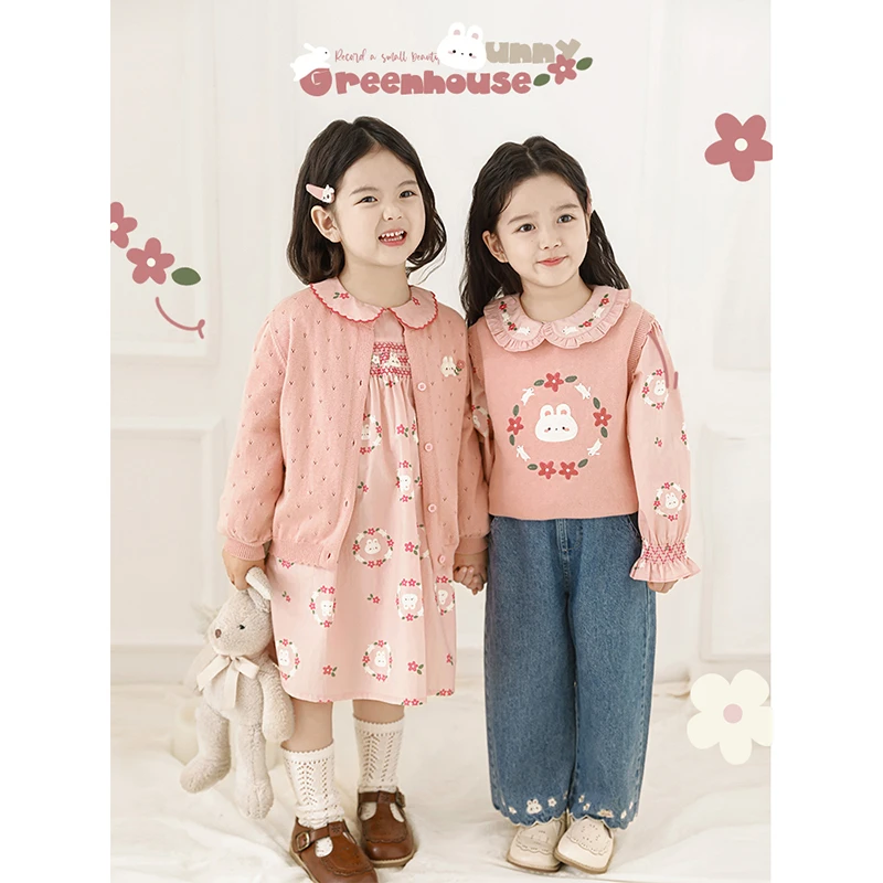 幼悠女童洋气套装春季宝宝儿童长袖连衣裙绣花小兔牛仔裤多件套潮
