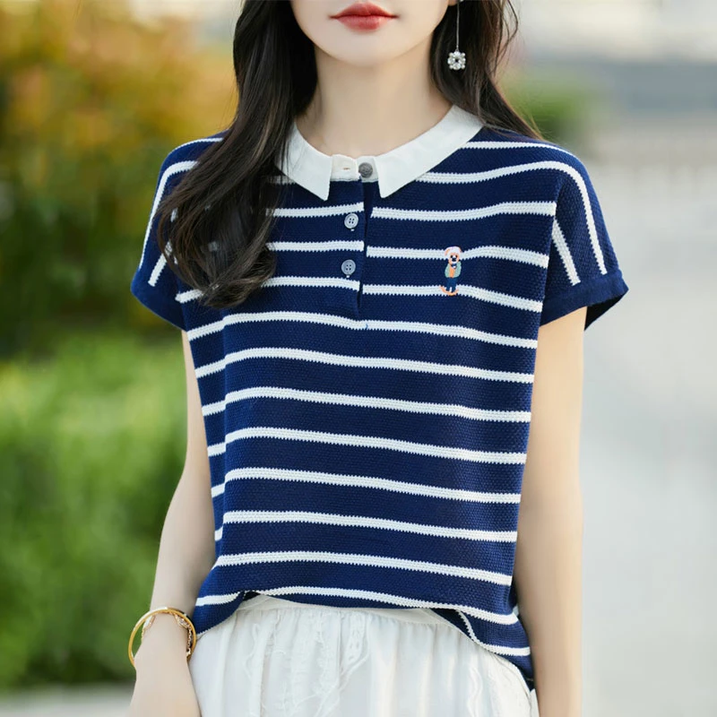 经典不过时! 100天丝 条纹小熊刺绣减龄显瘦短袖
