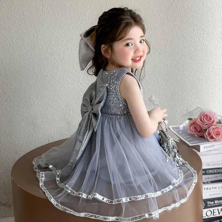 儿童洋气女童装网纱裙2025款款韩版裙子连衣裙无袖拼接蕾丝裙