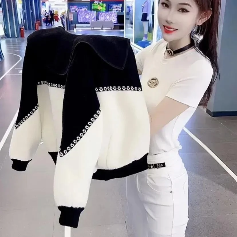 航识春秋新款爆款海军领双面绒撞色短外套女时尚个性保暖显瘦上衣