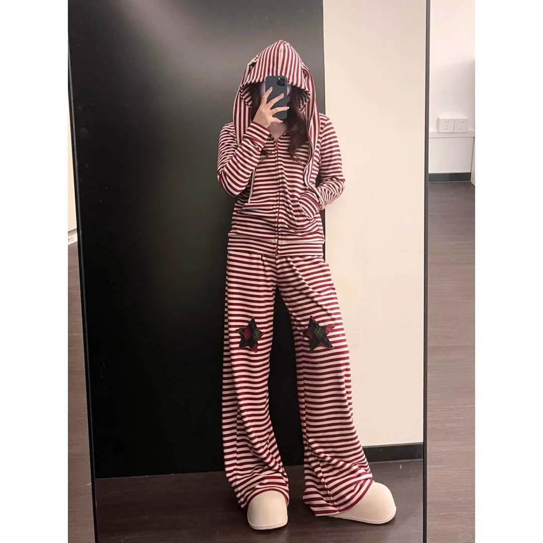 美式复古暴力兔设计感宽松秋冬卫衣女辣妹条纹舒适可外穿睡衣套装