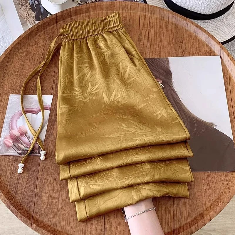 杜拉妮高级感醋酸缎面冰丝阔腿裤女夏季薄款2025直筒裤国风印花裤