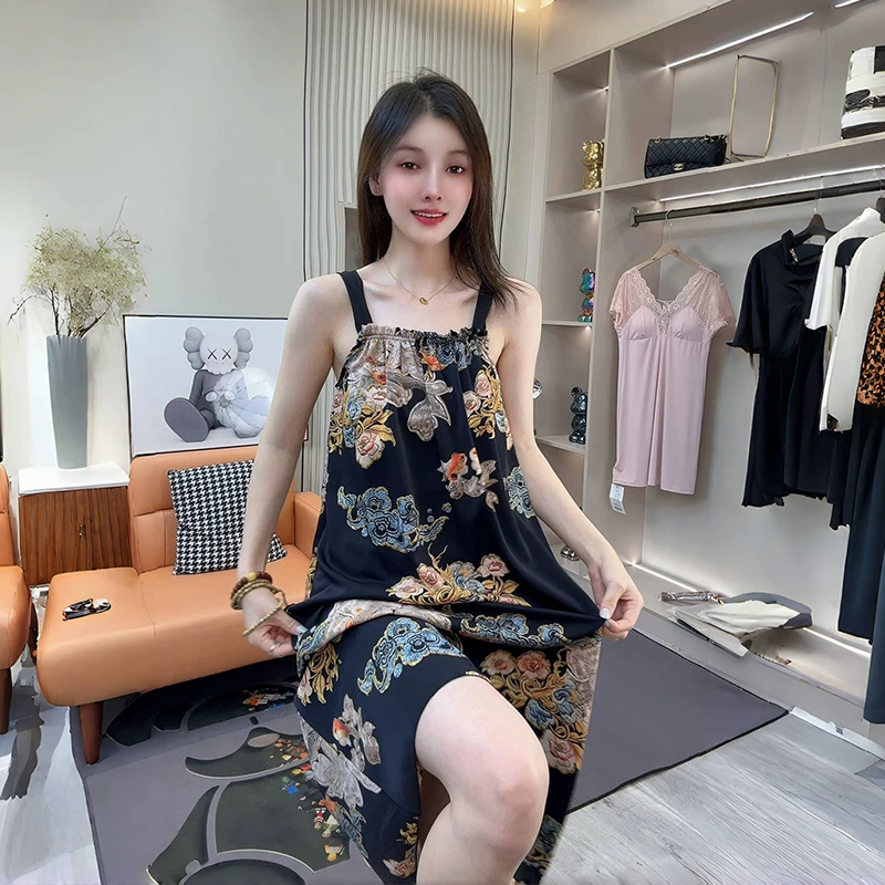 网红款吊带棉绸睡裙女2025秋季新款洋气减龄显瘦气质国风百搭休闲