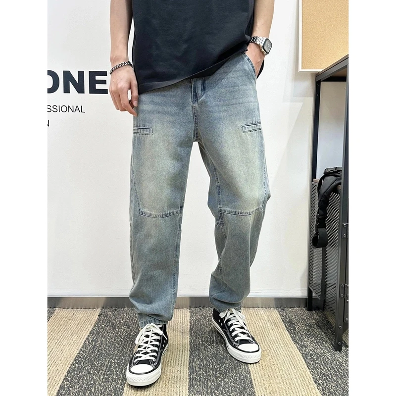 春秋新款美式复古水洗做旧牛仔裤男士显瘦直筒痞帅修身牛仔长裤
