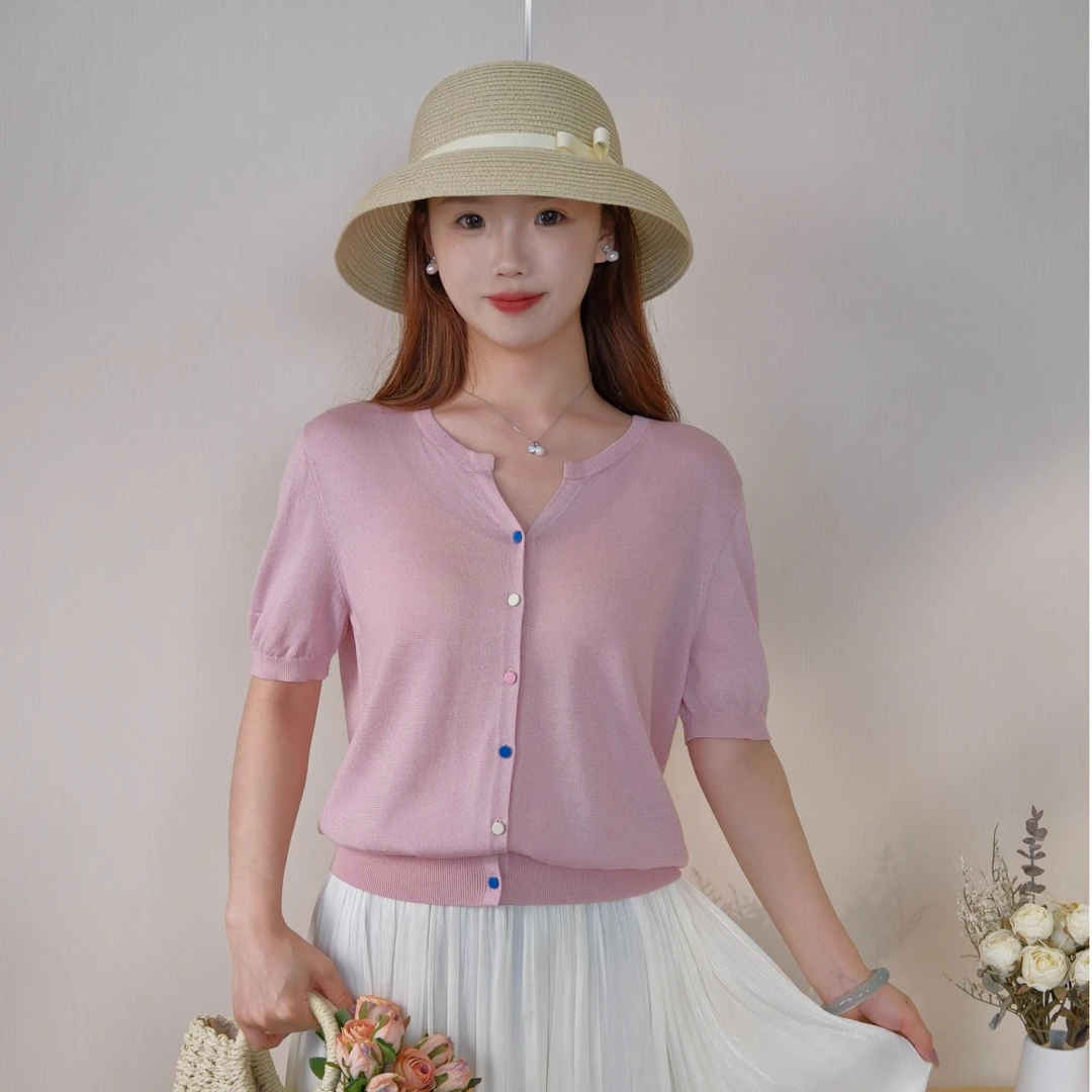 女短袖毛针织衫通勤气质短款开衫百搭夏季镂空圆领