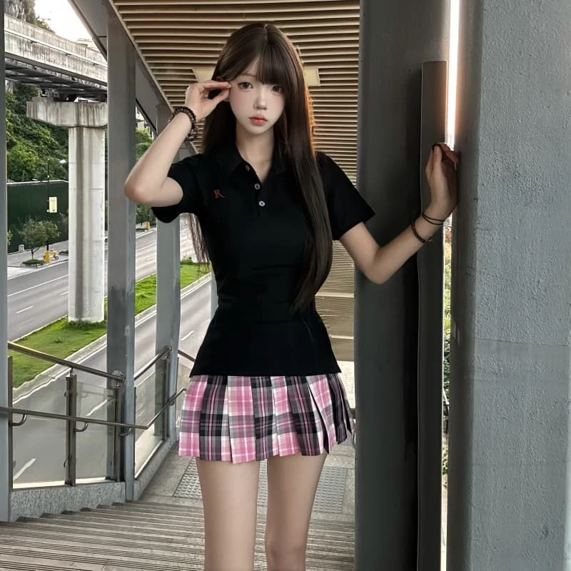 川町香JK原创POLO衫黑制服校供百搭夏季新品学院风收腰刺绣衬衫女