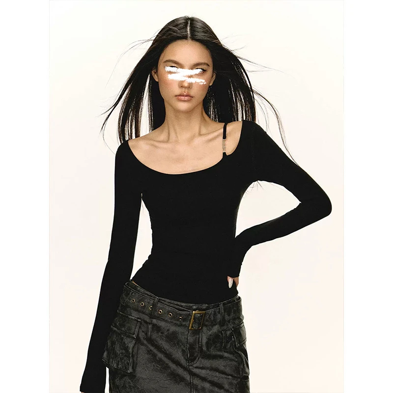 Moses Queen/魔西女王甜辣纯欲大u领单肩带长袖T恤修身显瘦打底衫