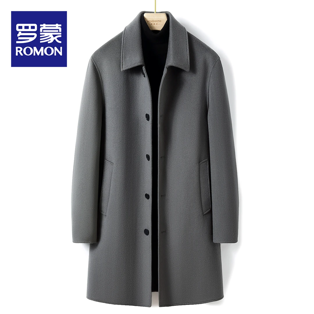 Romon/罗蒙新款双面羊绒大衣男中长款三层加厚翻领羊毛呢保暖外套