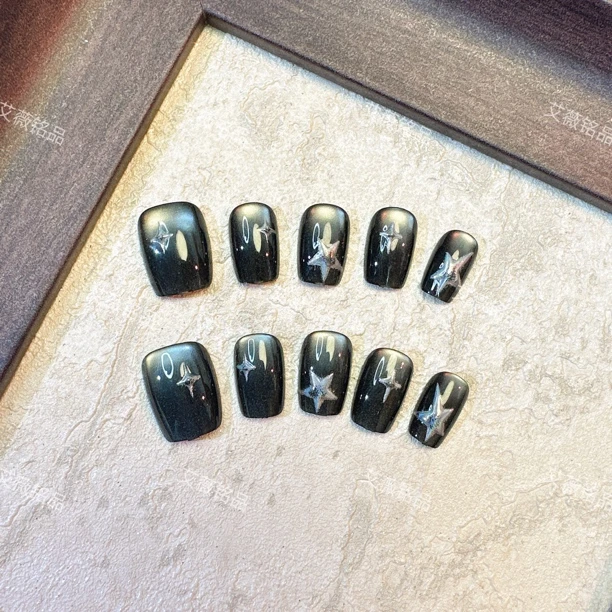 （短方)鎏金黑星星高级感显白美甲贴片穿戴甲14