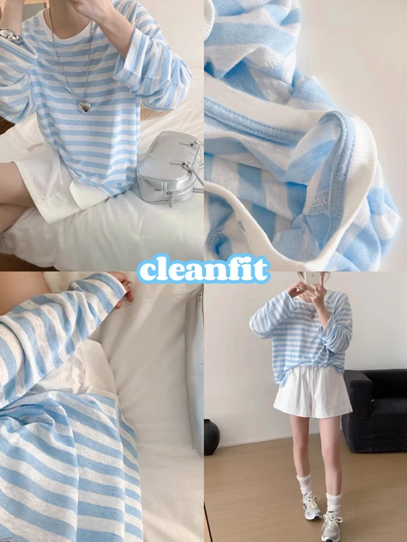 休闲显白长袖t恤女薄款防晒罩衫夏季韩版宽松气质小个子条纹上衣