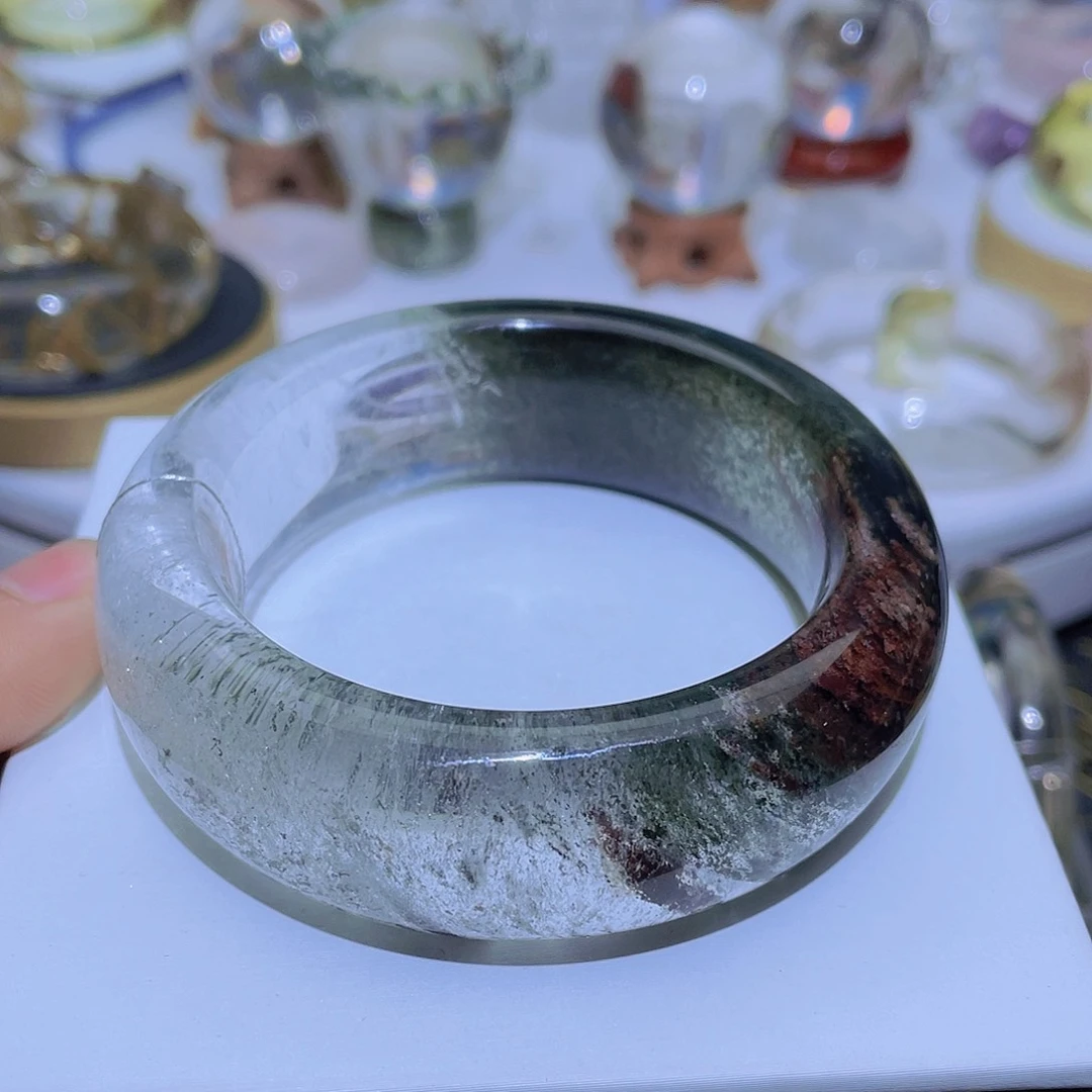 水晶手镯未镶嵌天然半山半水绿幽灵手镯